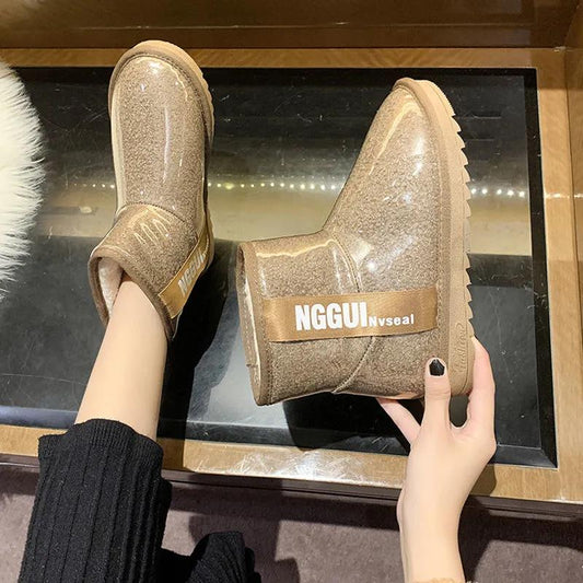 Snow Boots Women Winter Short Tube Transparent Waterproof Boots Korean Style Plus Cotton Shoes