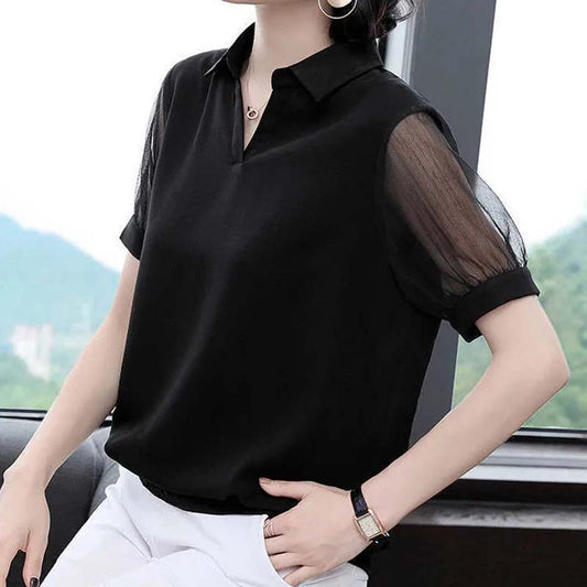 Chiffon Shirt 2022 Summer Black Short-sleeved V-neck Top Cover Belly Plus Size Women's Korean Mesh Blouses V Neck Lapel Tops Pullover Blouse Shirts