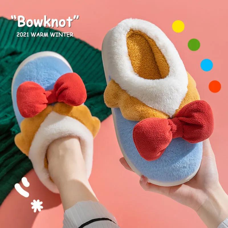 Autumn and Winter Bowknot Cotton Slippers Non-slip Flat Shoes Casual Fashion Cute