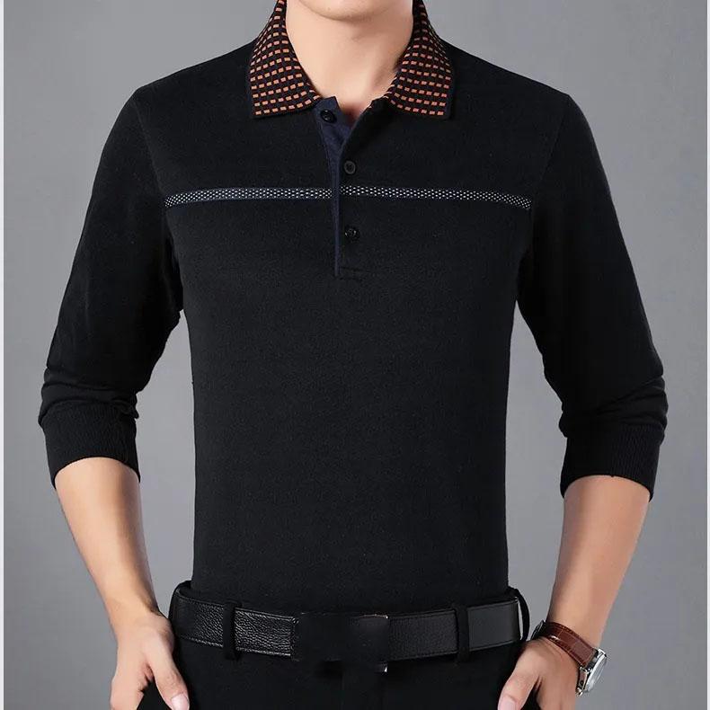 Middle-aged Aged Men's Dot Collar Printed Lapel Polo Shirt Loose T-Shirt Top Long Sleeve Shirt Bottoming Shirt Spring and Autumn