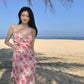 Female Vintage Floral Print Beach Dress Slim Elegant Backless Short Holiday Dress Graceful Sleeveless Vacation Dress