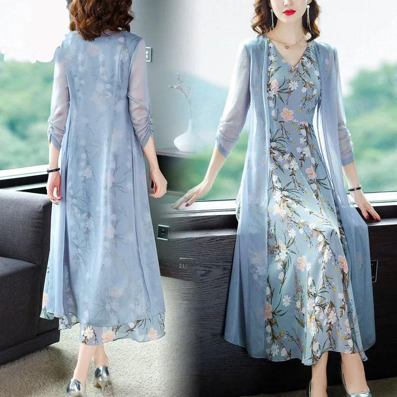 Chiffon Dress Tulle Long Cardigan Two-piece Set Women's Summer Sleeveless Floral Priting Dress+Sunscreen Thin Coat Elegant Anti-UV Sun Dress Suit