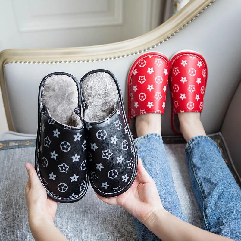 PU Waterproof Slippers Women Men Winter Plush Keep Warm Flat Home Shoes Woman Soft Comfort Female Shoes Sewing Interior Slipper