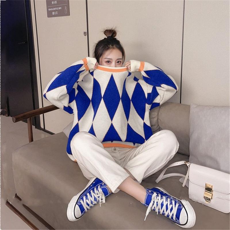Women Retro Loose Sweater Color Block Diamond Check Pullover Sweater Round Neck Knit Jumpers Top Outwear