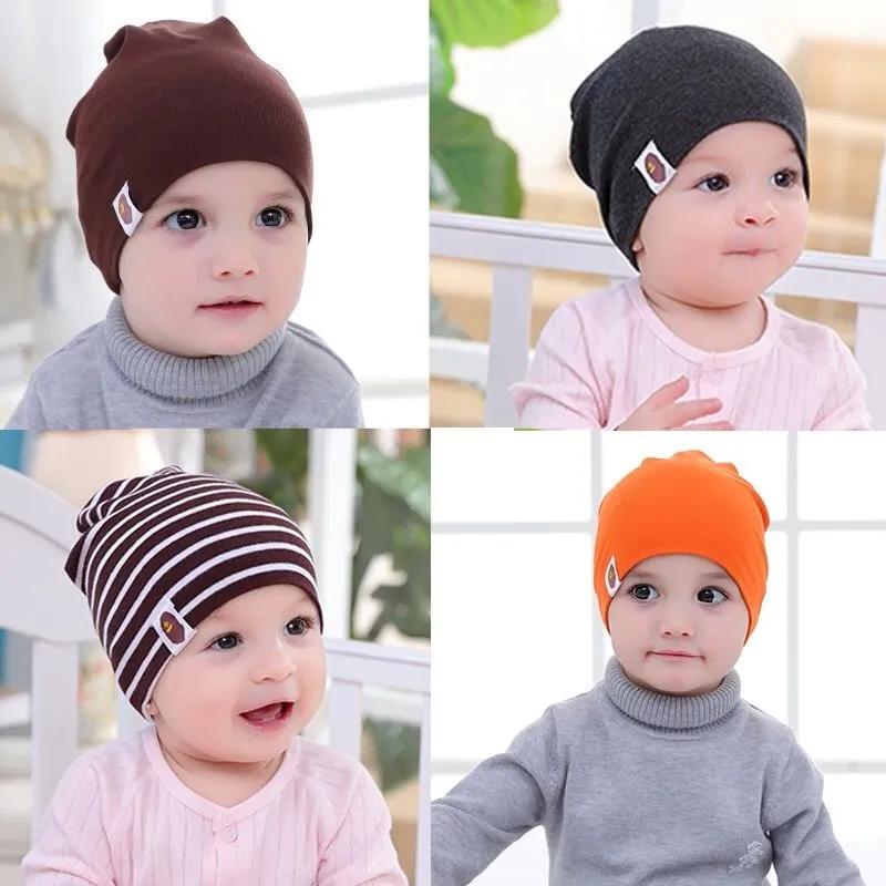 Double-layer Cotton Hats for Babys Solid Color Striped Beanie Hat Newborn Baby Spring Autumn Hat Soft Skin-friendly Sleep Cap