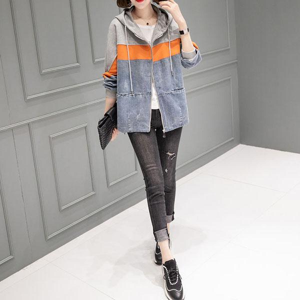 Women's Hooded Splicing Denim Jacket Spring Loose Large Size Jacket Autumn Casual Color Matching Denim Coat