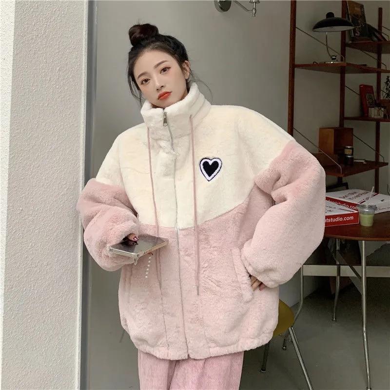 Women's Winter Lamb Wool Coat Lazy Wind Girl's Loose Cotton Coat Thick Plush Stitching Sweater Casual Warm Cotton Clothes Home Clothes Oversized Coat