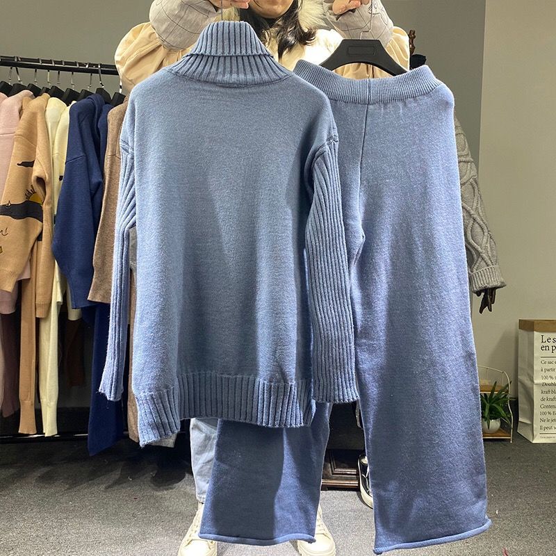 2pcs/set  Two Piece Set Pullover Sweater Tracksuit Women Elastic High Waist Knit Wide Leg Pants Women Suit 2 Piece Set  Winter Outfits