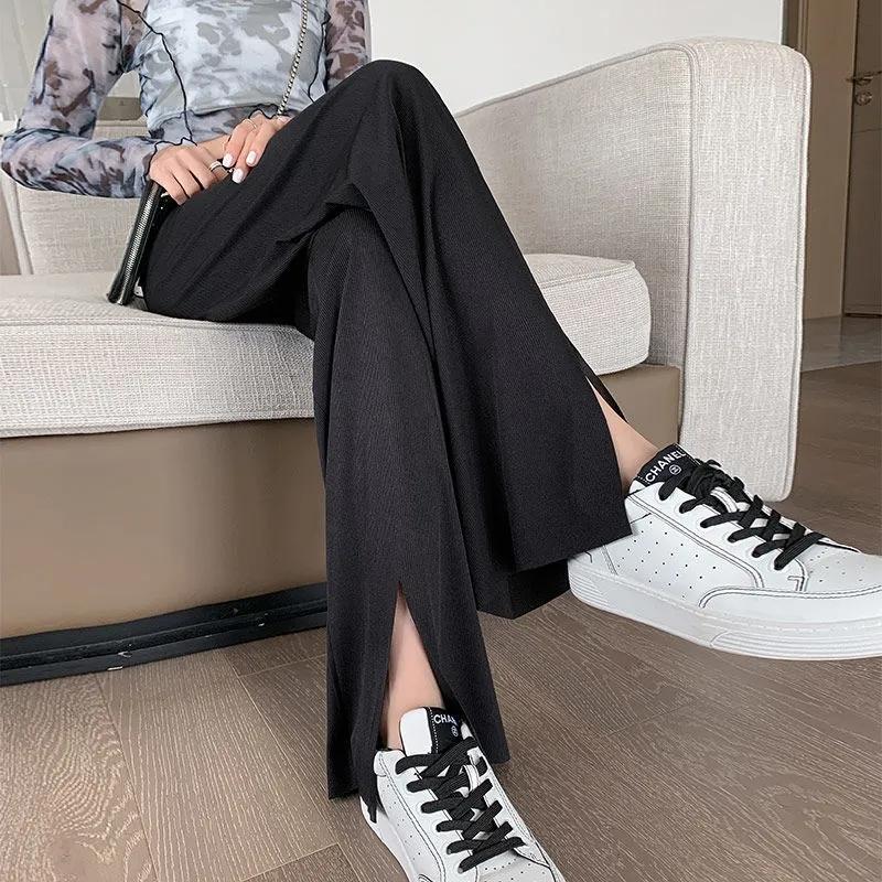 Women's Summer Ice Silk Split Wide Leg Pants Thin Section Large Size Loose and Thin High Waist Casual Pants Straight Trousers Fitness Jogging Pants