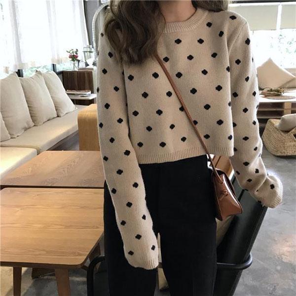 Autumn and Winter Knitted Jacket Long-sleeved Loose All-match Jacket Short Spotted Women's Bottoming Shirt