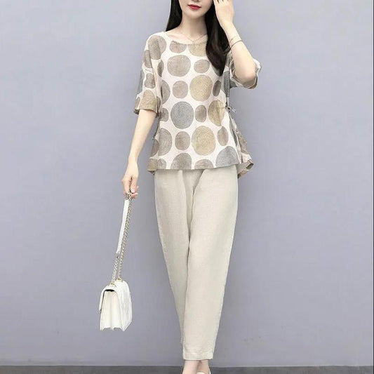 Cotton Loose Short-sleeved Round Neck Blouse Wide-leg Pants Suit Loose and Thin Casual Two-piece Female Temperament Elegant Suit