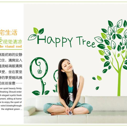 Happy tree fifth generation removable PVC transparent film summer spring green tree wallpaper