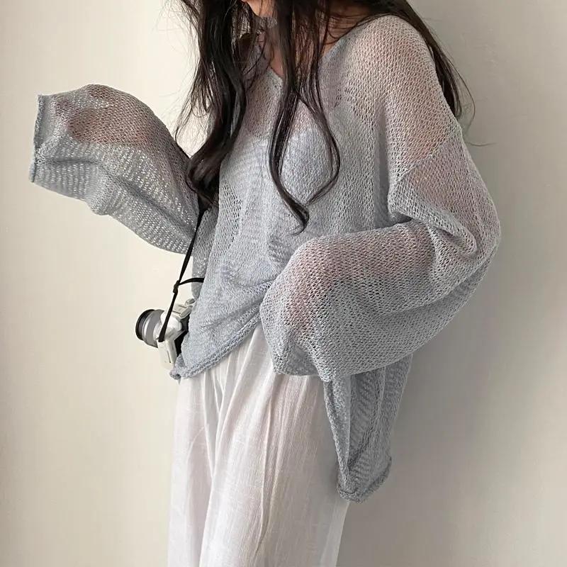 Irregular Thin Sun Protection Knit Top Loose Long Sleeve Knit Hollow Blouse