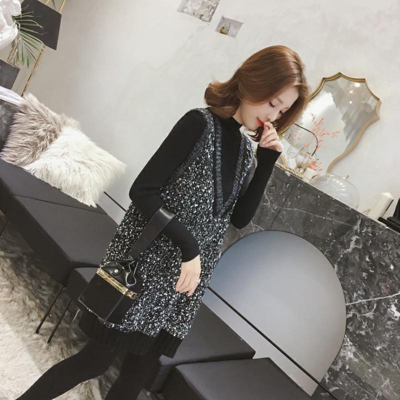 Women Chic Mid-length Loose V-neck Tank Top Sweater Knitted Bright Silk Vest Skirt Dress