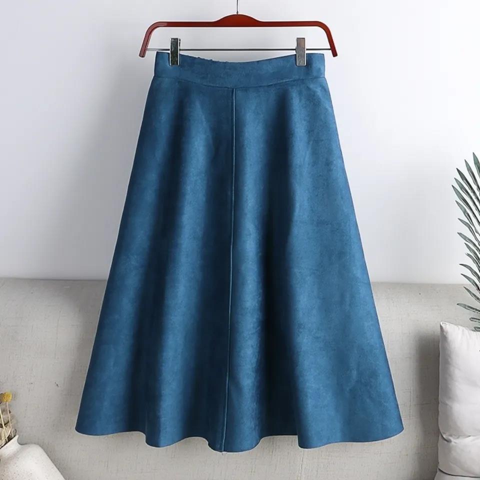 Suede Skirt Autumn and Winter Women All-match High Waist Mid-length Retro A-line Skirt Large Swing Umbrella Skirt