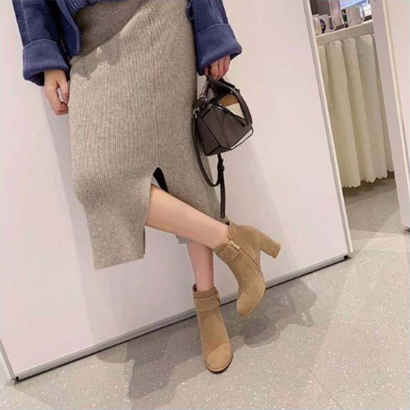Women's Frosted Thick Heel Plus Size Short Boots Simple Love High Heel Fashion Boots Autumn and Winter Women's Side Zipper Boots