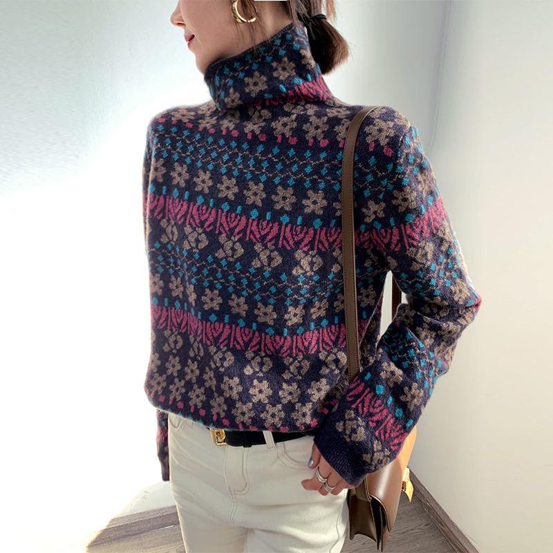 Retro Jacquard Turtleneck Sweater Women Fall/winter Loose Pullover Long-sleeved Fashion Sweater Inner Base