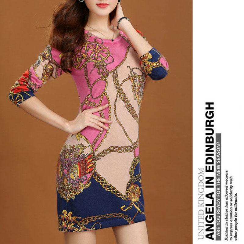 Women's Autumn Winter Sweater Dress Mid-length Printed Sweater Knitted Pullover Bottoming Sweater