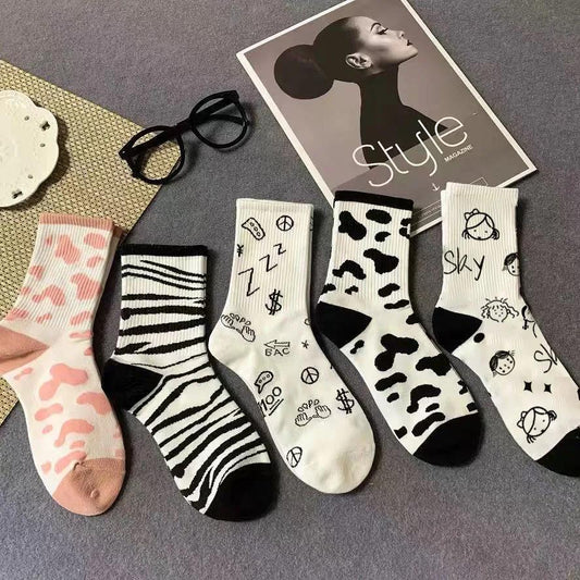 Five Pairs of Women's Socks Korean Cute Zebra Pattern Socks Student Sports Stockings