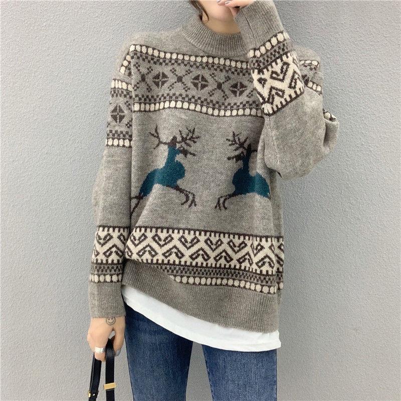 Autumn Winter  Women Fashion Mid-length   Sweater Casual Knitting Sweater  Round Neck Pullovers Loose Casual Long Sleeve Sweater