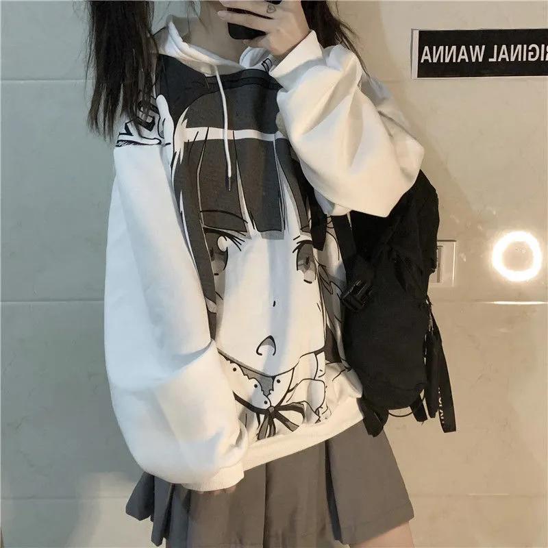 Winter Hoodies Women Anime Printed Fashion Oversized Pullover Sweatshirts Plus Size Loose Casual Hooded Tracksuit Harajuku White Sport Shirts