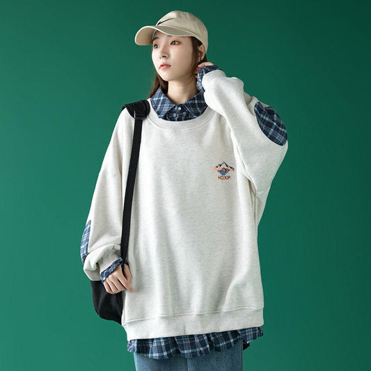 Cotton Spring and Autumn Clothes Fake Two-piece Sweater for Boys and Girls Loose Plaid Shirt Stitching on Clothes