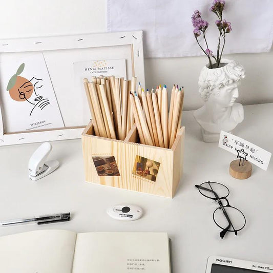 Log Color Bedroom Double Grid Wooden Pen Holder Student Simple Desktop Storage Box Stationery Storage Barrel