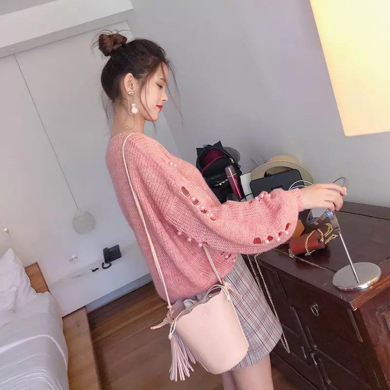 Knitted Hollow Large Size Top Personality Beaded Thin Sweater Soft and Skin-friendly