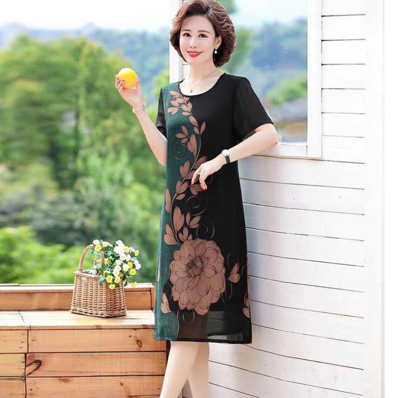 Women's Clothing Large Size Loose Chiffon Dress Round Neck Short Sleeve Printing Knee-length