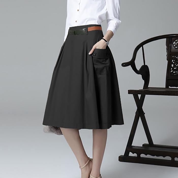 Summer Cotton and Linen Mid-length Women's Skirt Solid Color High Waist Sexy and Elegant Show Leg Length