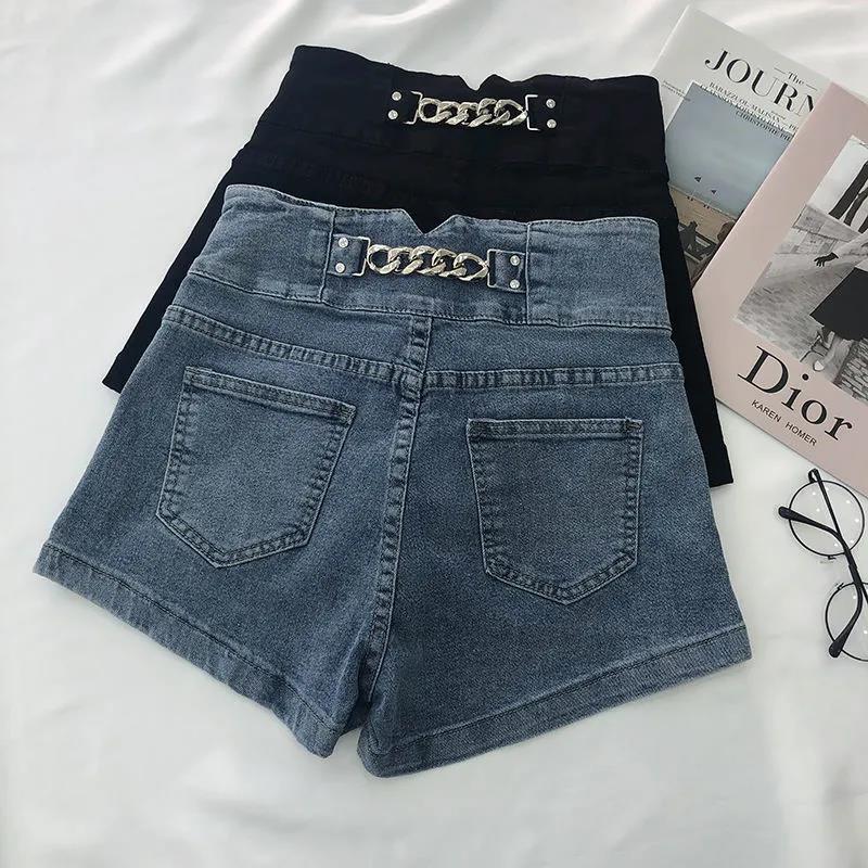 High Waist Denim Shorts Female Summer Korean Version of Ins Retro Metal Chain Design Sense A-line Wide-leg Pants