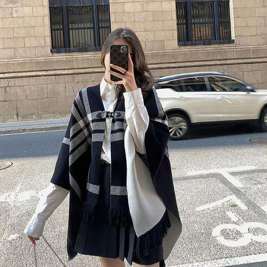 Loose Shawl Cloak Wear on Both Sides, Outer Cardigan Jacket Knitted Sweater Women's Temperament Shawl Cloak Sweater Plaid Cardigan