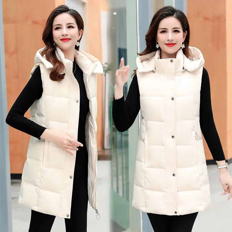 Women's Winterized Vest Detachable Hood Warm Oversized Mid-Length Mommy Jacket