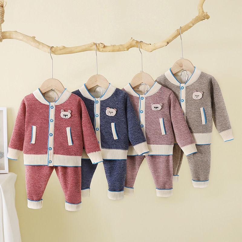 Plush Knit Children's Autumn and Winter Baby Clothes Two-piece Boy Cotton Suit Autumn Clothes Cardigan Jacket Baby Cute Home Service