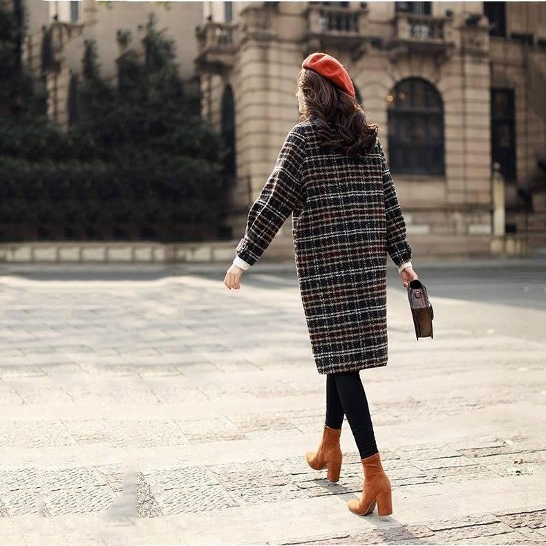Winter Women Coat 2019 Casual Plaid Wool Coat Female Jacket Fashion Warm Solid overcoat Long Outwear