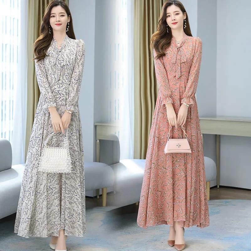 Chiffon Long Sleeve Dress Spring and Autumn Floral Chiffon Super Fairy Waist Beach Dress Long Skirt Fabric Lightweight Breathable