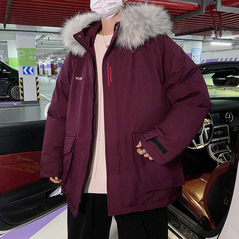 Winter Hong Kong Style White Duck Down Jacket Men's Korean Version of The Loose Casual Trend Mid-length Hooded Large Fur Collar Jacket Bf Style