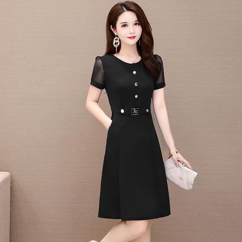 Women's Summer Dress Solid Color Round Neck Chiffon Slim A-line Skirt