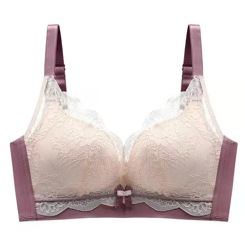 Lace Splicing Contrast Color Gathering Adjustable Latex Cup Breathable Soft Side Closing Holder Shaped Anti-sagging No Steel Ring Bra