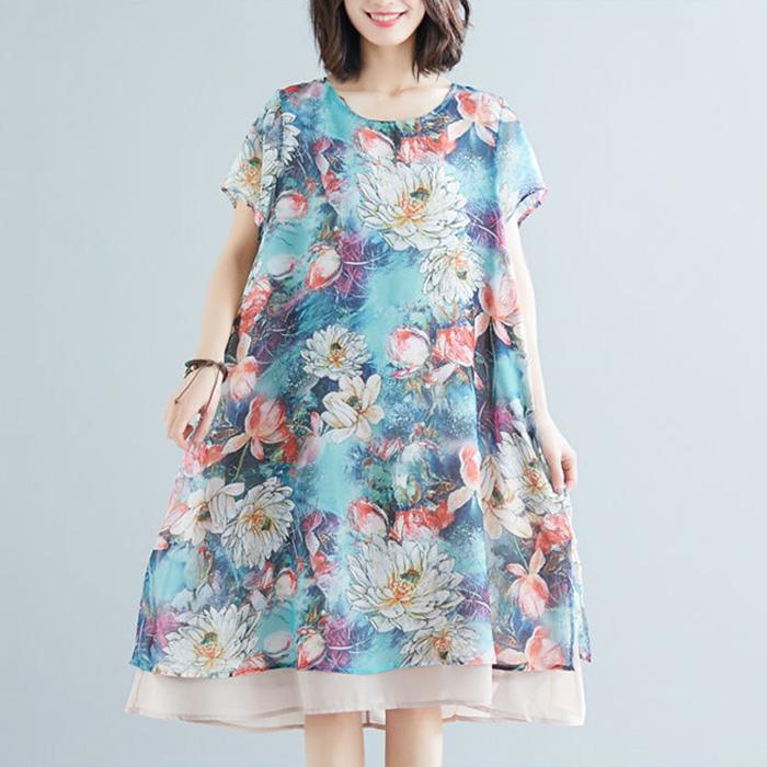 Women's Clothing Chiffon Dress Large Size Loose Round Neck Short Sleeve Printing Mid-length