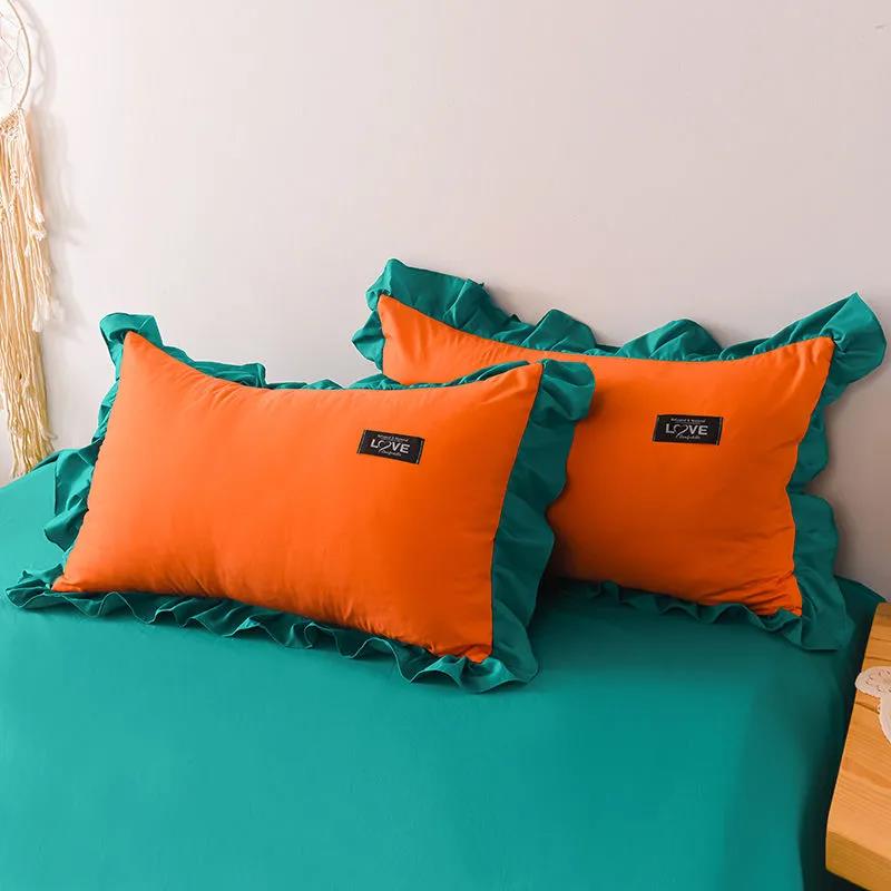 Korean Version of Solid Color Washed Cotton Pillowcase Stitching Lotus Leaf Lace Pillowcase 48*74cm A Pair of Large Pillowcases