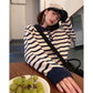 College Style Polo Collar Striped Sweater Female Student Autumn and Winter Casual Loose and Lazy Pullover Sweater Top Outer Wear