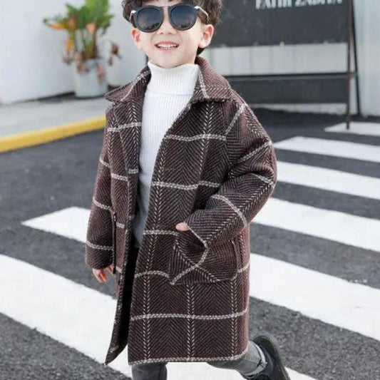Boys Woolen Coats Mid-length Autumn and Winter Woolen Coats, Big Boys Plus Velvet Thickening Korean Style Western Cotton Coat