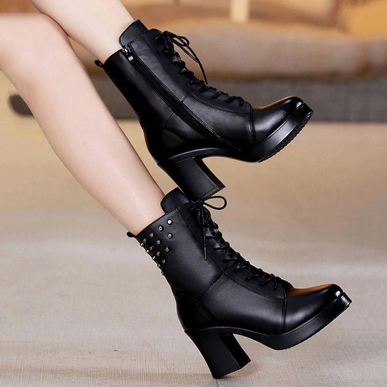 Boots Women Ankle Boots Genuine Leather Women Round Toe Chelsea Boots High Heel Boots Snow Boots