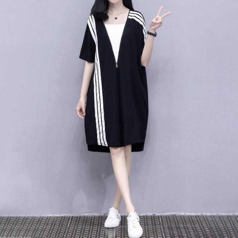 Sweater Skirt T-shirt Skirt Spring Summer Plus Size Women's Zipper Loose Thin Sports Casual A-line Dress