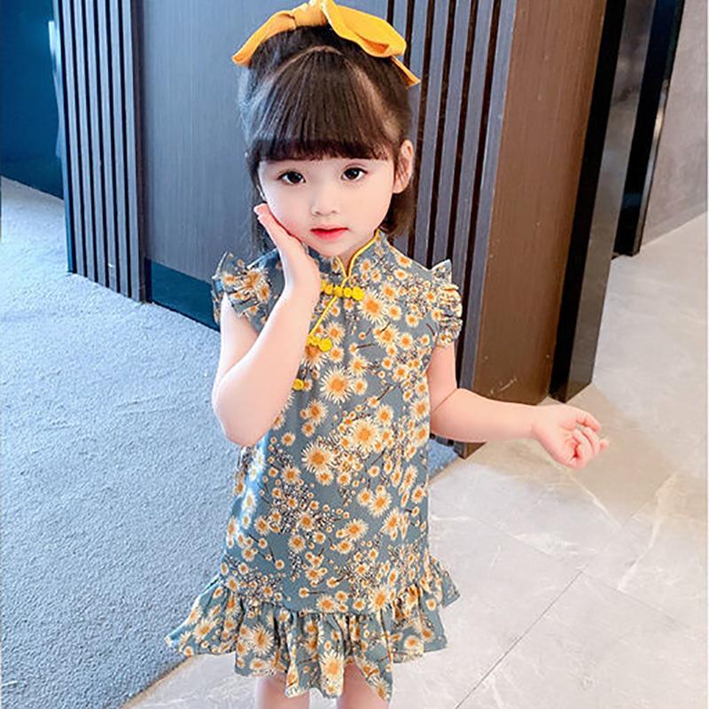 Children Dress Spring Summer Broken Flower Kids Clothing  Baby Girls Clothing Sleeveless Cheongsam Dress Girl