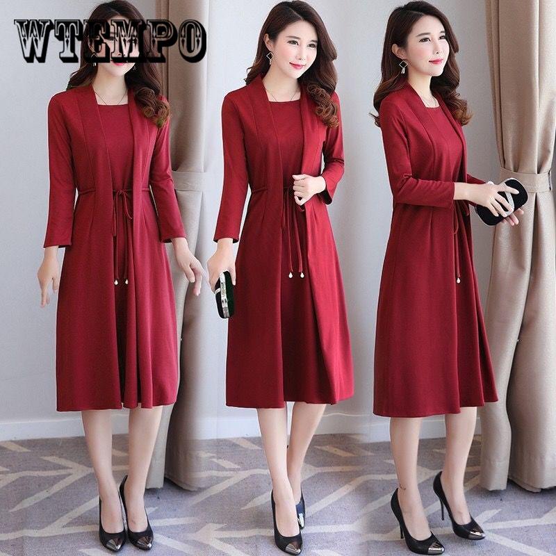 Large Size Women 'S Fake Two Piece Dress Female Long Sleeve Cover Belly Mother 'S Slimming