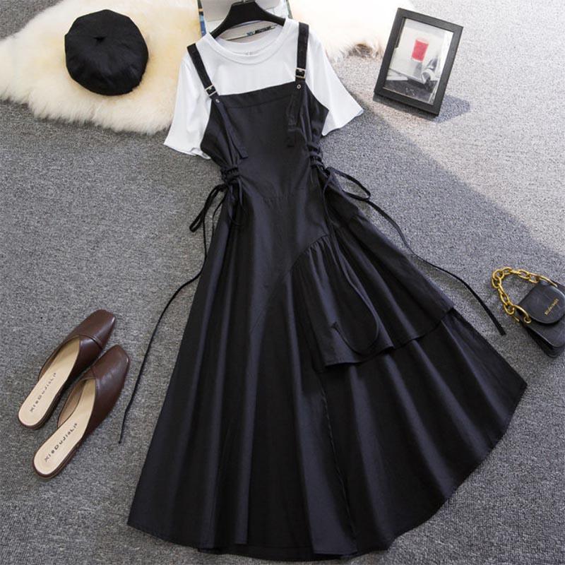 Retro Dark Black Strap Skirt Design Sense Two-piece Fat Sister Show Thin Meat Cover Suit Women's Skirt
