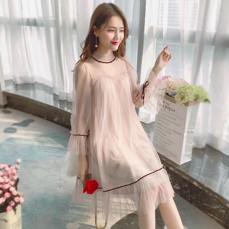 Plus Size Slim Skirt Woman Wild Mid-length Dress Long-sleeved Mesh Dress Spring and Autumn