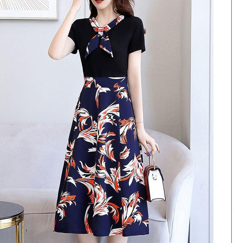 Women Summer Vintage Short Sleeve Floral Printed Casual Dress Slim High Waist Light Ripe Wind Chiffon Split Dress